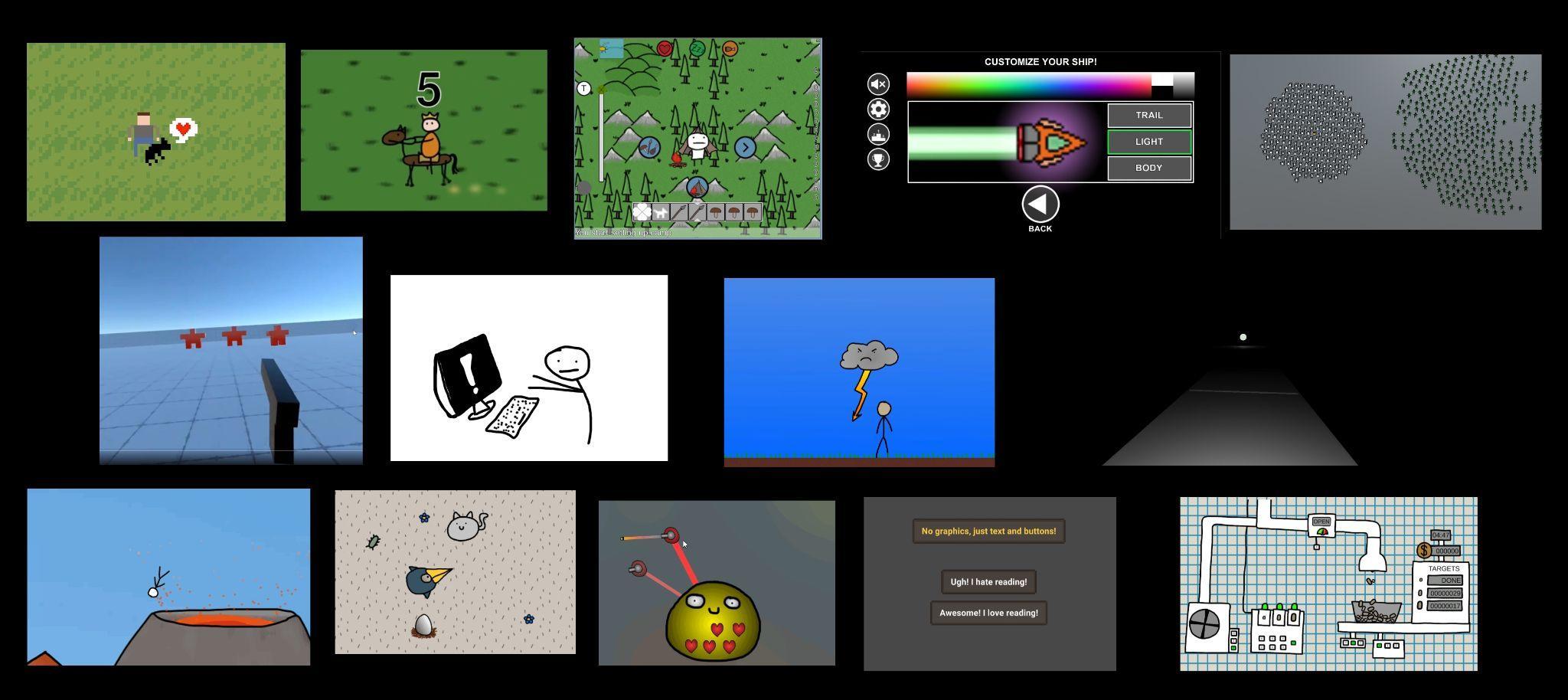 Collage of small hobby game prototypes and gamejam entries